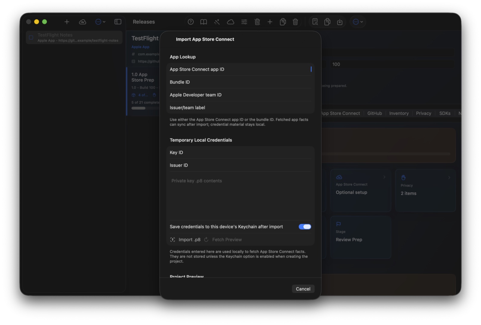 Release Binder Import App Store Connect sheet with app lookup and temporary local credential fields.