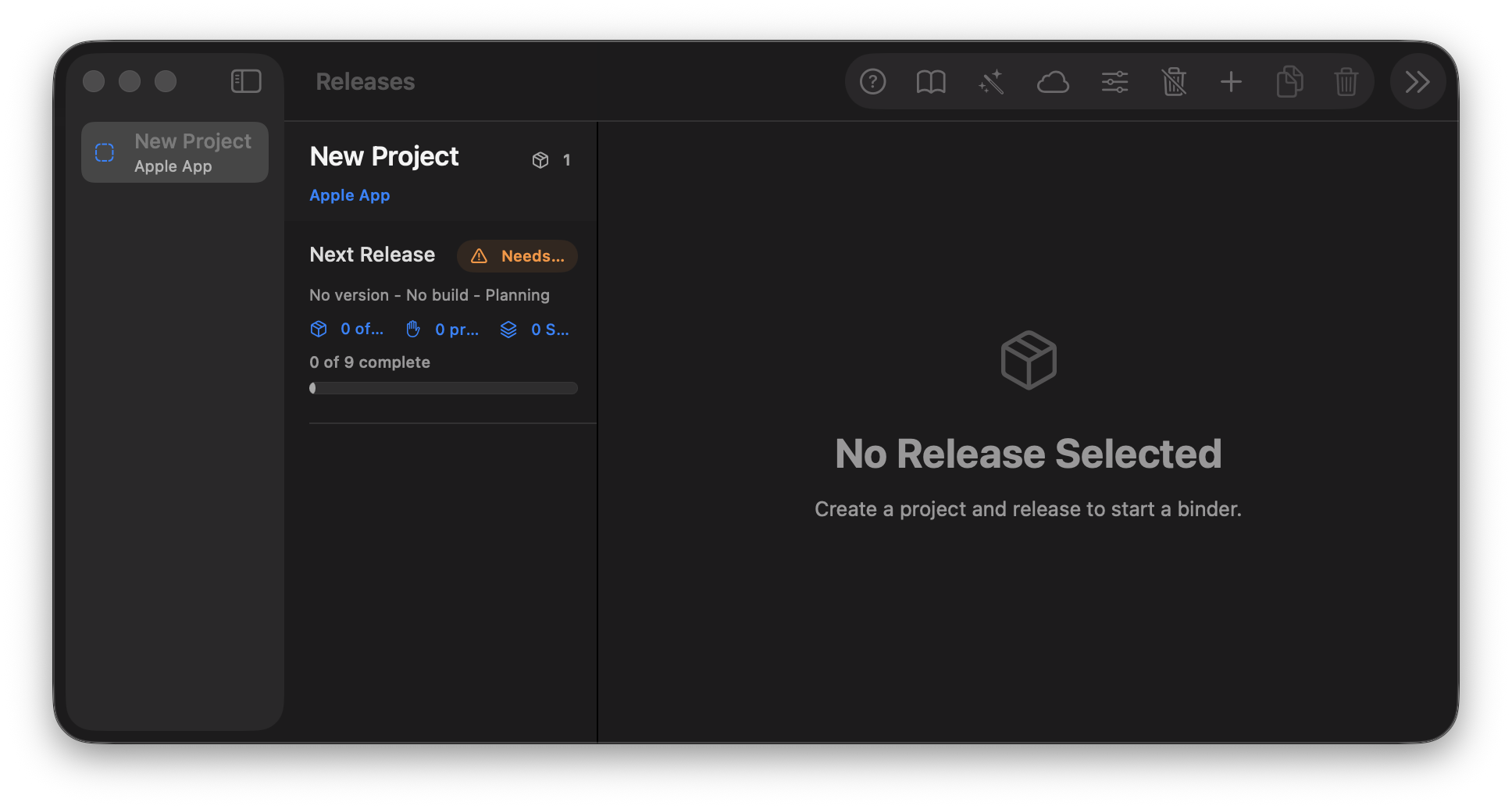Release Binder running on macOS with project and release readiness panels.